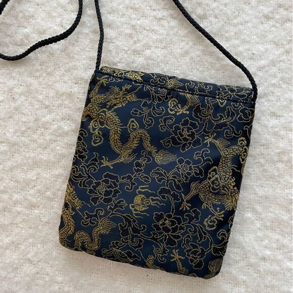 Asian Design Small Satin Crossbody Bag - Gold Embroidery on Black Purse - Picture 5 of 8